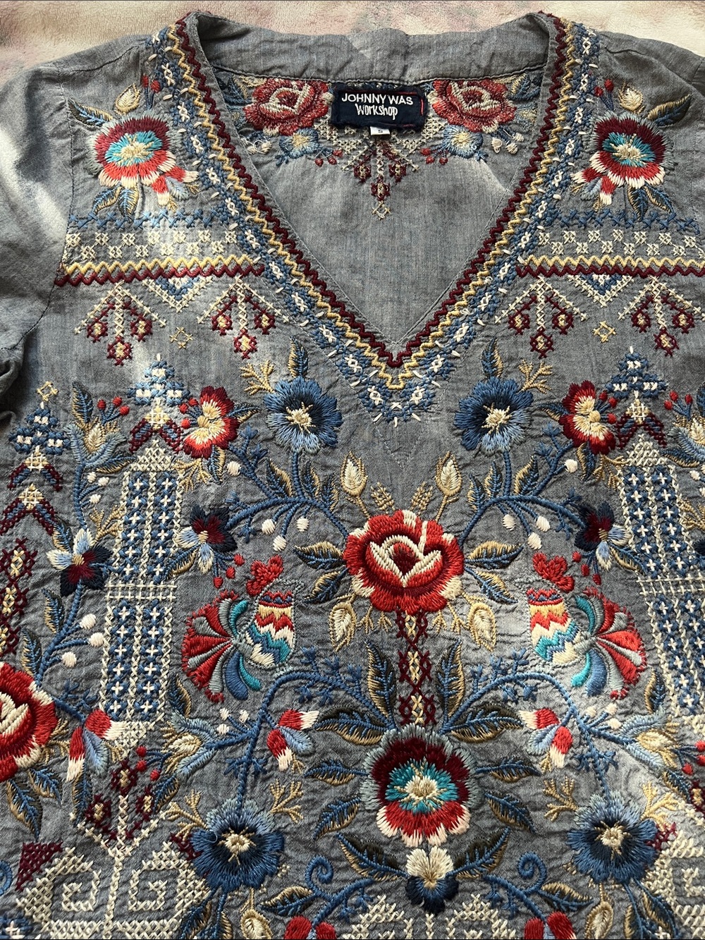 Johnny Was Navy Top with Multicolor Floral Embroidery